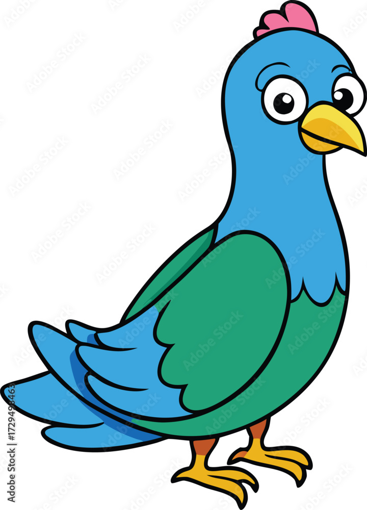 Naklejka premium Cartoon blue and green bird with big eyes and yellow beak