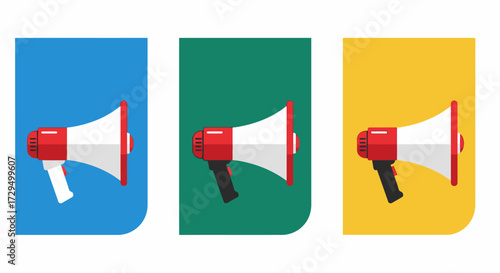 Three Megaphones in Different Colored Rectangular Panels Announcing Important News and Ideas