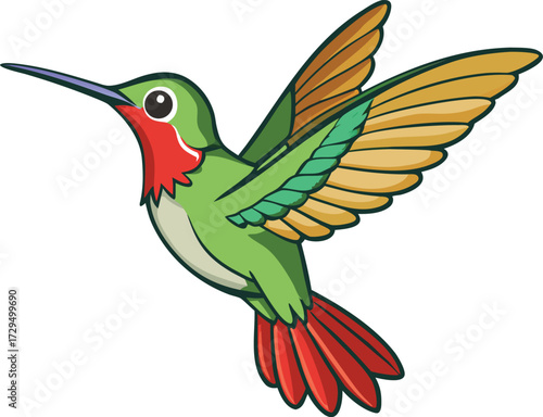 Cartoon hummingbird with vibrant green and red plumage in flight