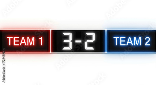 Digital scoreboard displays team scores with red and blue lighting for each side showing three to two score in a competition