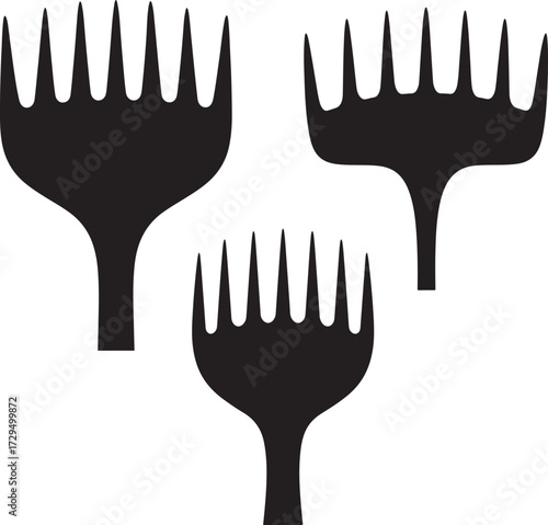 Three black silhouette hair combs with wide teeth isolated on white background