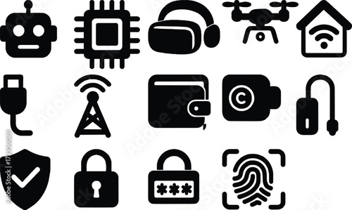 technology security and digital solid icons vector pack