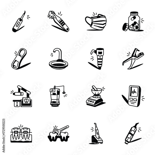 Modern Set of Dental Instruments Hand Drawn Style Icons