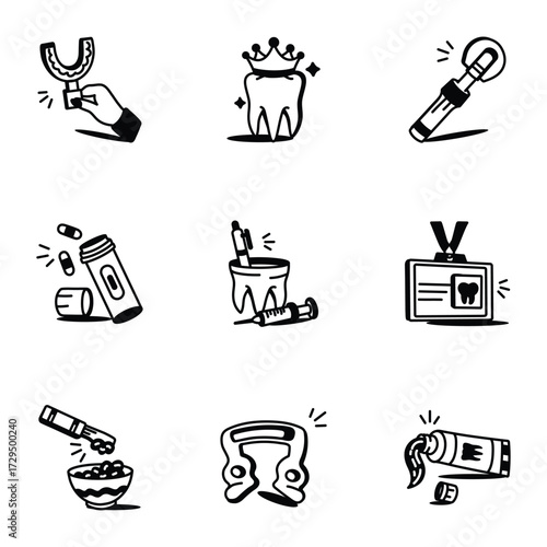 Collection of Dental Hygiene and Accessories Drawing Style Icons