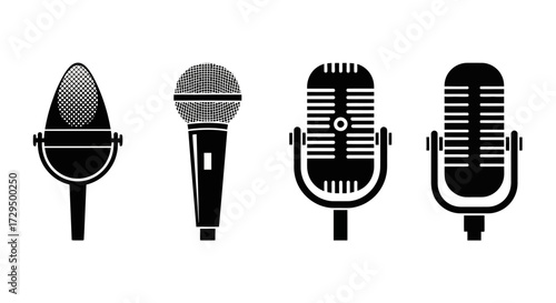 A Collection of Four Distinct Retro and Modern Microphone Silhouettes Illustrating the Evolution of Audio Capture Technology and Sound Recording Equipment