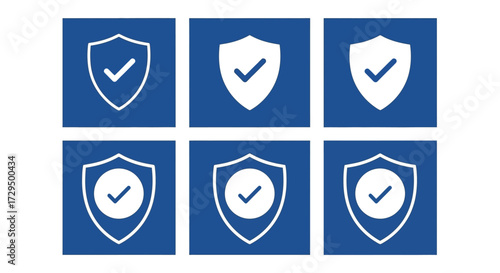 Set of Six Blue Square Icons Featuring White Shield Symbols with Checkmarks Indicating Security and Verification Concepts