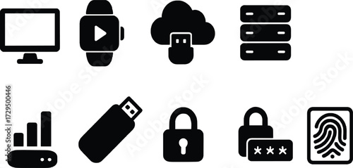 digital hardware security silhouette icons vector pack