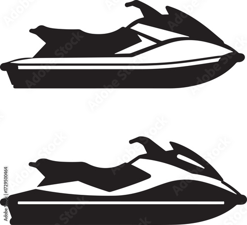 Two black jet ski silhouettes shown from the side isolated on white background