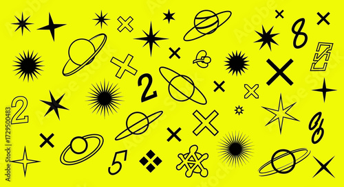 A Cosmic Collection of Celestial Wonders and Numbers Scattered Across a Vibrant Yellow Backdrop