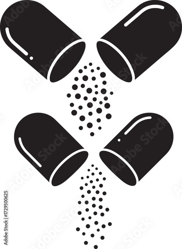 Open capsule with granules spilling out silhouette isolated on white background