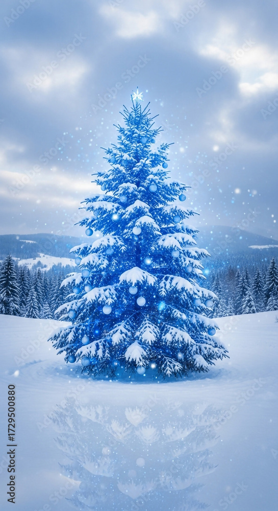 Naklejka premium Enchanting blue Christmas tree glows with festive ornaments and magical snowfall in a serene winter wonderland landscape