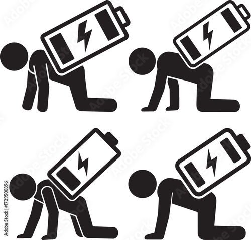 Four stick figures carrying a low battery symbol silhouette isolated on white background
