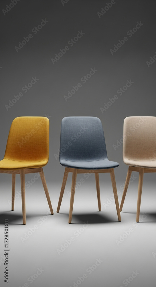 Obraz premium Three modern upholstered chairs in yellow, blue, and beige sit elegantly against a neutral gray backdrop, showcasing contemporary design and comfort.