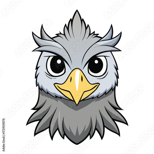 Cartoon owl face with large eyes and yellow beak