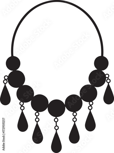 Elegant black silhouette of a beaded necklace with dangling teardrop charms isolated on white background