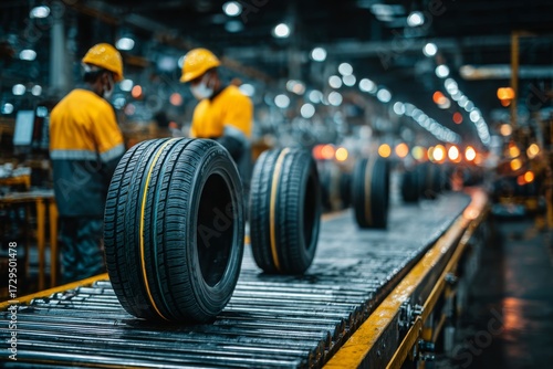 Automotive tires moving on a production line in a modern manufacturing factory with workers.