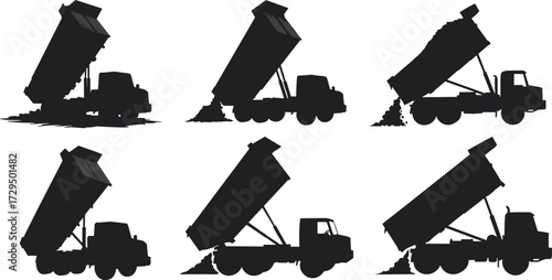 Dump truck unloading silhouette, construction vehicle, cargo release, industrial transport,