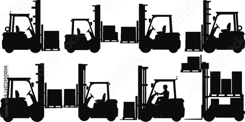Forklift silhouette set, warehouse logistics, cargo lifting, driver operation, industrial