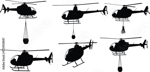 Helicopter silhouettes, aerial cargo, logistics transport, suspended load, emergency lift, black graphic, construction support, flying vehicle, cargo operation, industrial aviation, silhouette icons