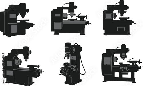 Milling machine silhouettes, vertical mill, industrial equipment, metalworking tool, black graphic, rotary cutter, mechanical design, manufacturing process, engineering icon