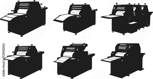 Printing press silhouettes, industrial machines, paper rollers, control panel, black graphic,