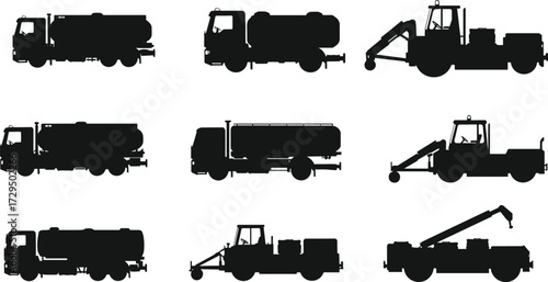 Utility vehicle silhouettes, construction trucks, service machinery, black icons, industrial transport