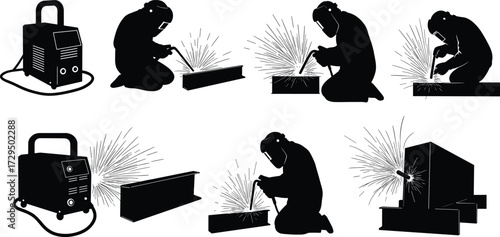 Welding process silhouettes, metalwork illustration, industrial worker, sparks flying, black graphic, welding machine, beam structure, fabrication steps, mechanical equipment,