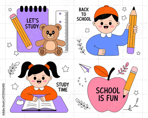 Cute cartoon illustrations of children and school supplies, celebrating the joy of learning and education.