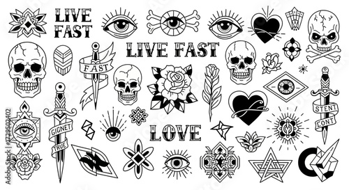 A Collection of Bold Traditional Style Tattoo Designs Featuring Skulls Hearts Eyes and Floral Elements for Customization