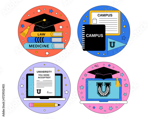 Four colorful university and campus themed round stickers or icons.