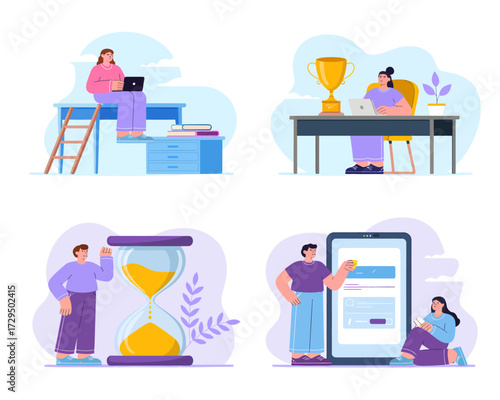 Four scenes depicting people working on laptops, managing time with an hourglass, and interacting with a large smartphone for online tasks and productivity.