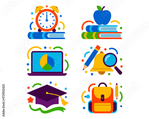 Colorful back to school icons and clip art illustrations.