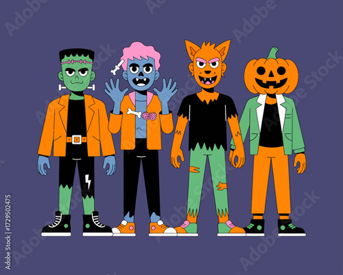 Four cartoon characters dressed in various Halloween costumes, including Frankenstein, a zombie, a werewolf, and a pumpkin-headed person, standing together.
