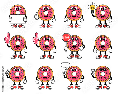 Collection of cartoon donut characters in various poses, expressions, and holding objects.