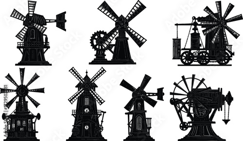 Windmill silhouettes, steampunk design, mechanical blades, industrial windmills, black graphic, gear elements, pulley system, architectural fusion, renewable energy, fantasy