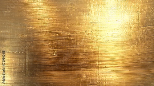 A close up of a textured golden surface with horizontal brush strokes and light reflections