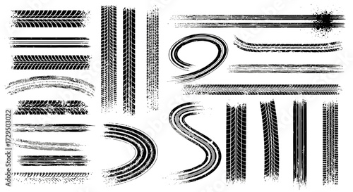 Collection of Grungy Tire Track Brush Strokes and Line Designs for Graphic Elements