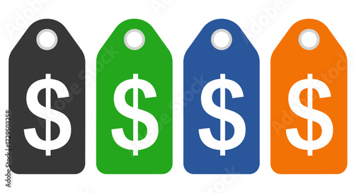 Four Colorful Price Tags Displaying the Dollar Sign for Retail and Business Transactions