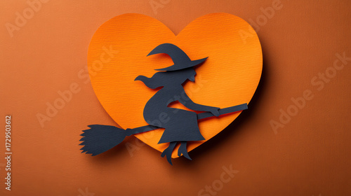 A whimsical paper art design featuring a witch on a broomstick against a vibrant heart backdrop, evoking a playful and enchanting atmosphere.