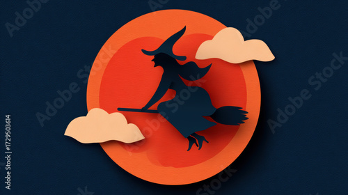 A silhouette of a witch flying on a broomstick against a vibrant orange moon and stylized clouds, creating a whimsical and atmospheric scene.