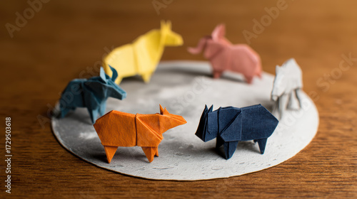 Colorful origami animals stand on a circular paper moon, showcasing creative craftsmanship in a whimsical setting.