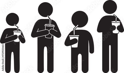 Four diverse figures in silhouette drinking beverages from cups with straws isolated on white background