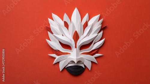 An artistic white mask with leaf-like designs set against a vibrant orange background, showcasing creativity and modern aesthetics.