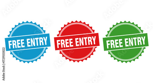 Three circular badges with the words Free Entry printed on them in white text on a blue red and green background