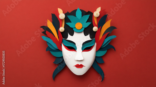 A vibrant, artistic mask design with colorful paper elements, showcasing intricate details and bold colors against a red background.