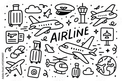 Airline travel doodle collection with airplanes and luggage