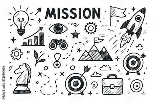 Mission concept doodles: targets, rocket, strategy, and innovation icons