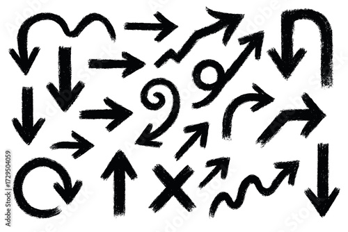 Bold black hand-drawn arrows and symbols in various directions on white background