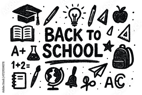 Back to school: educational doodles with school supplies and symbols in black and white