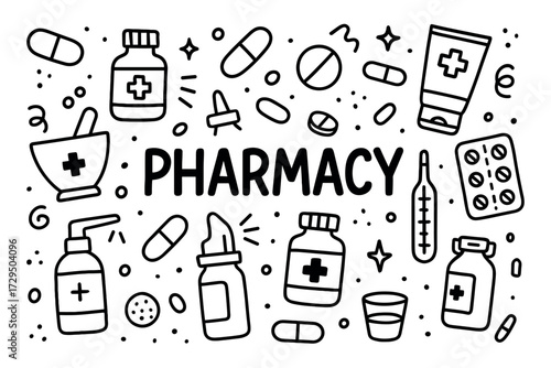 Pharmacy doodle design with medicine, pills, and medical equipment